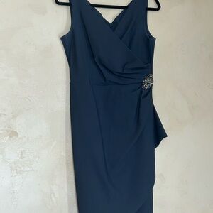 Alex Evenings Asymmetrical Navy Dress with Embellished Accent